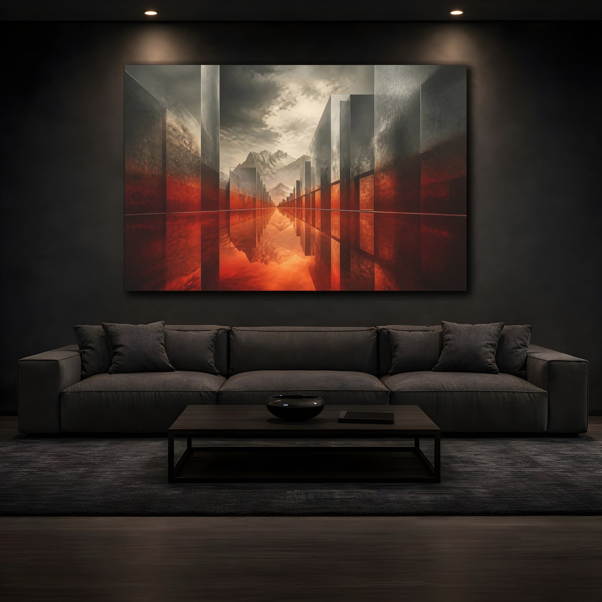 Mockup 3. Crimson Reflection Corridor shown as canvas print