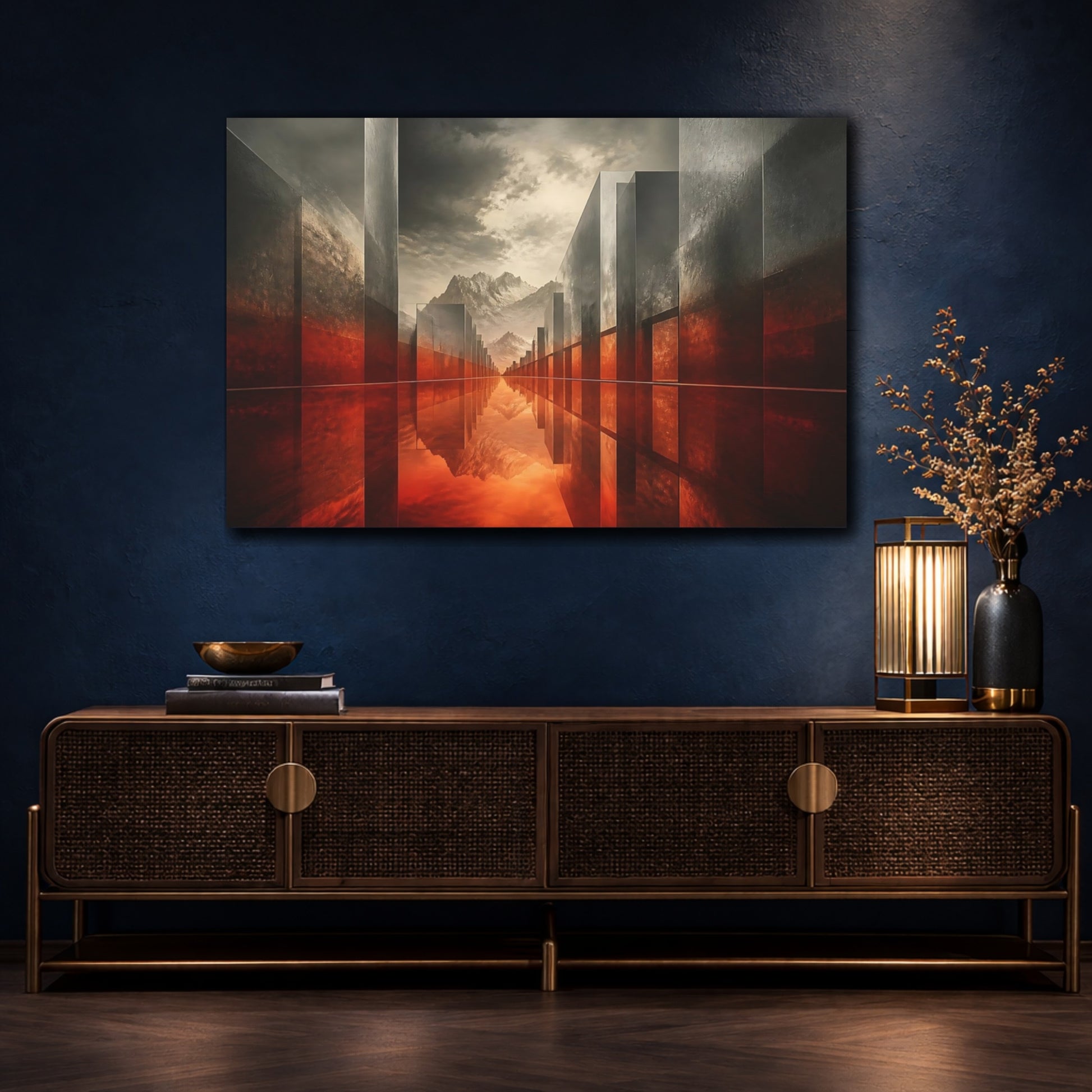 Mockup 4. Crimson Reflection Corridor shown as canvas print