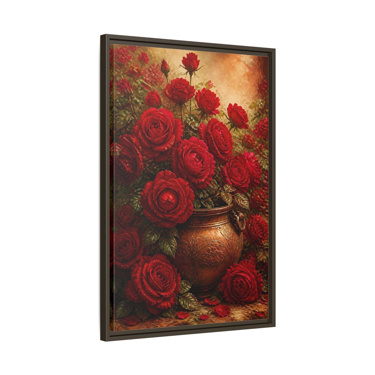 Side Mockup 11. Crimson Rose Bouquet shown as framed canvas print