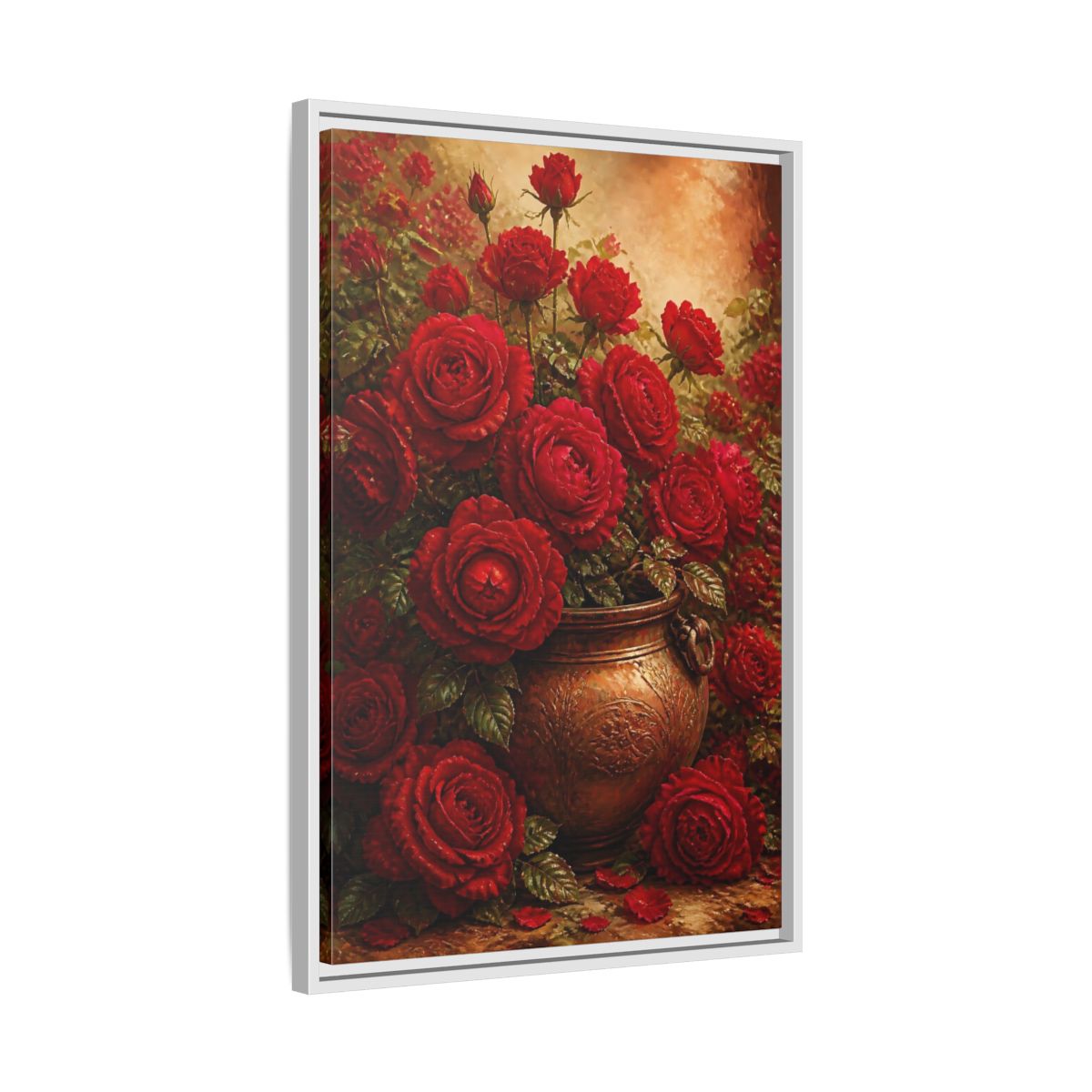 Side Mockup 10. Crimson Rose Bouquet shown as framed canvas print