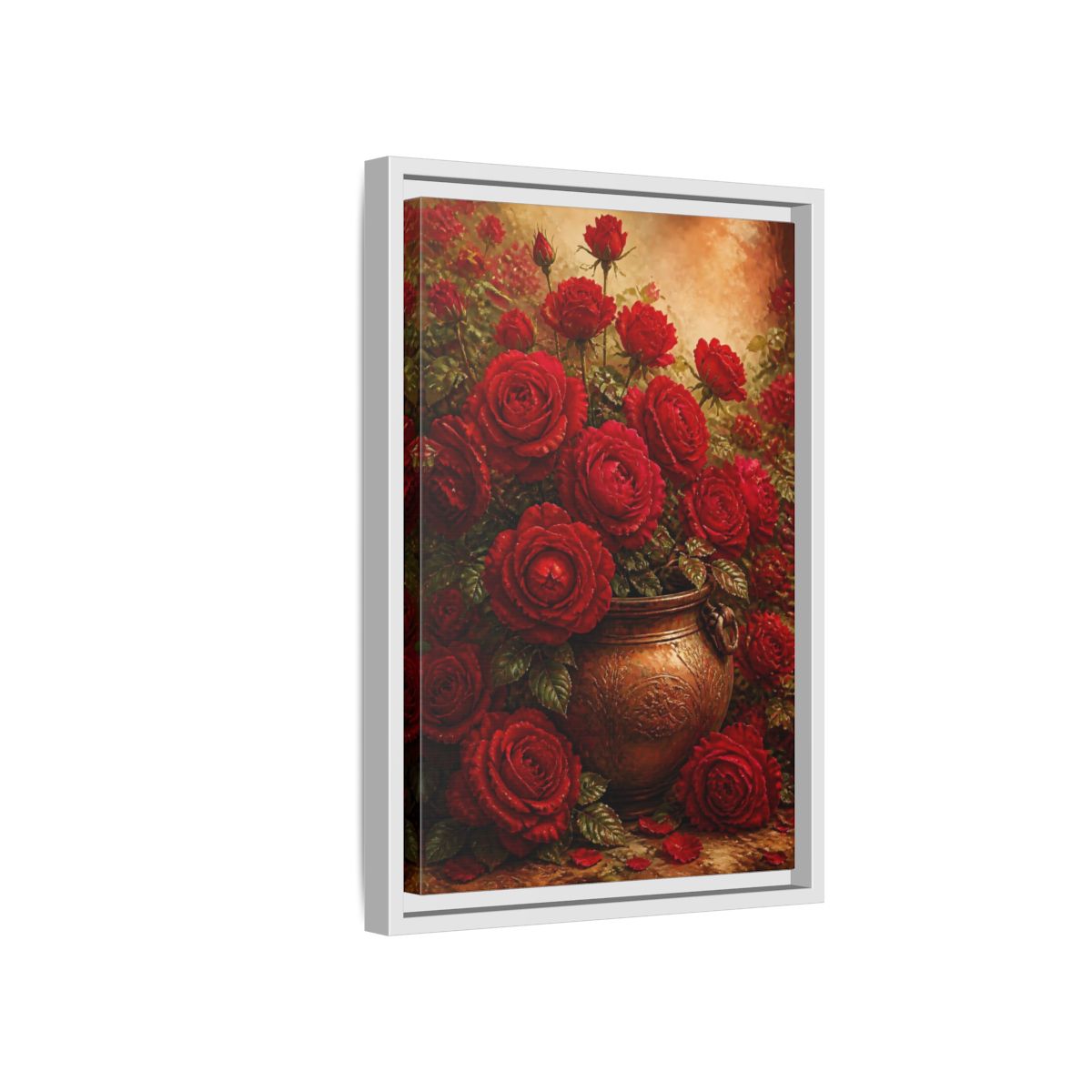 Side Mockup 4. Crimson Rose Bouquet shown as framed canvas print