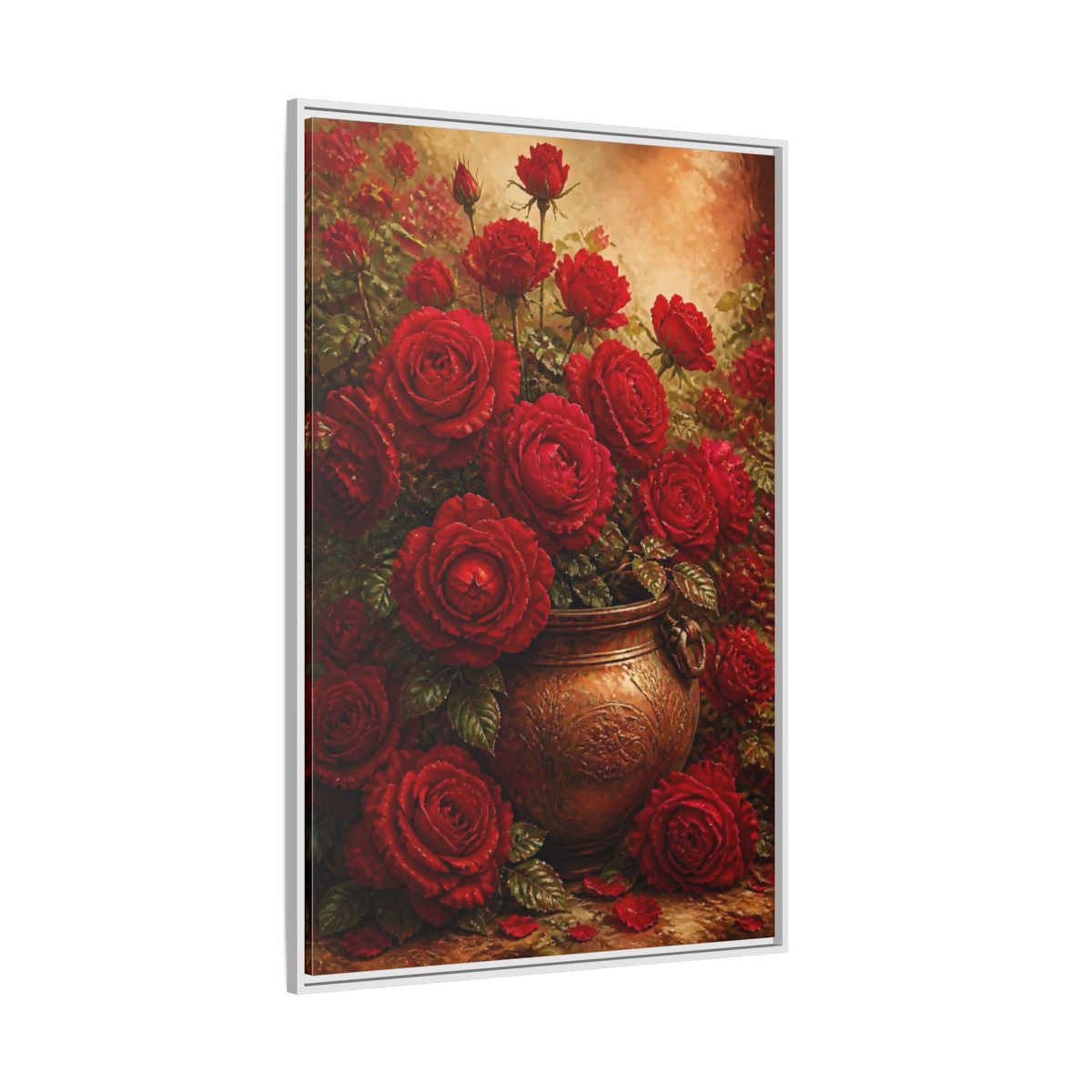 Side Mockup 7. Crimson Rose Bouquet shown as framed canvas print