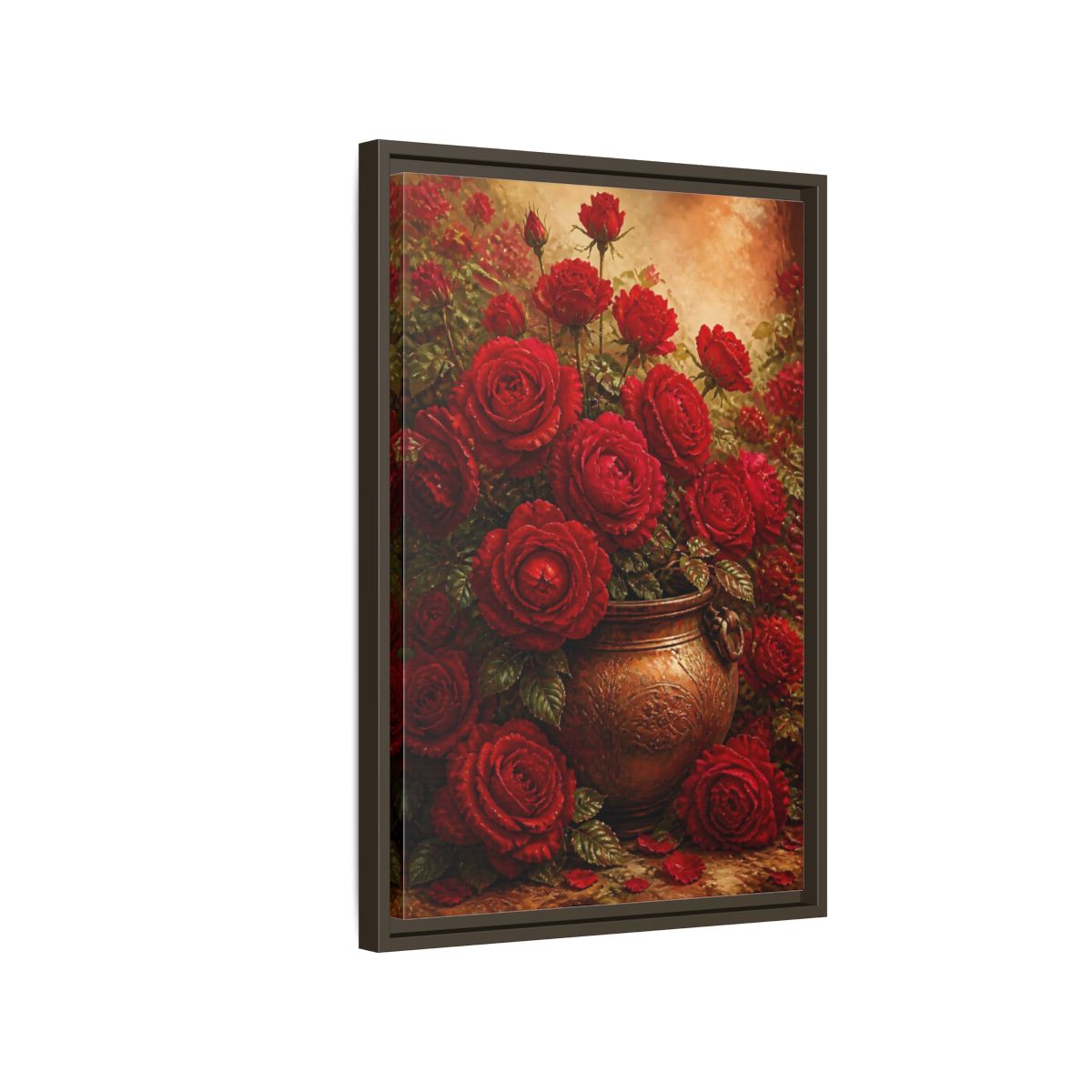 Side Mockup 2. Crimson Rose Bouquet shown as framed canvas print