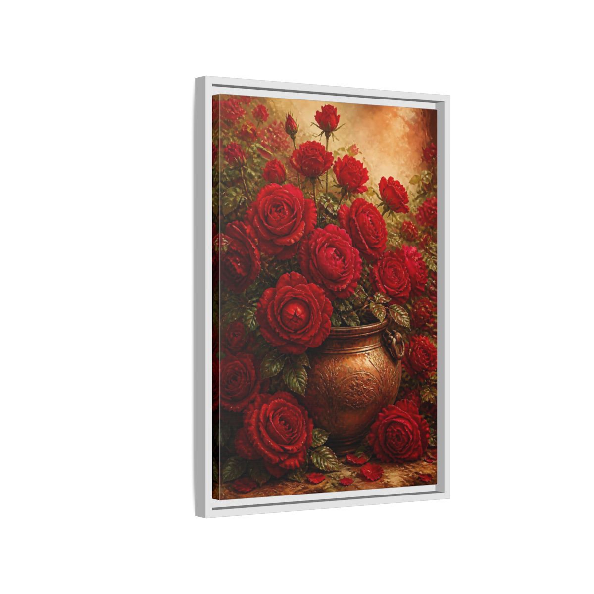 Side Mockup 1. Crimson Rose Bouquet shown as framed canvas print