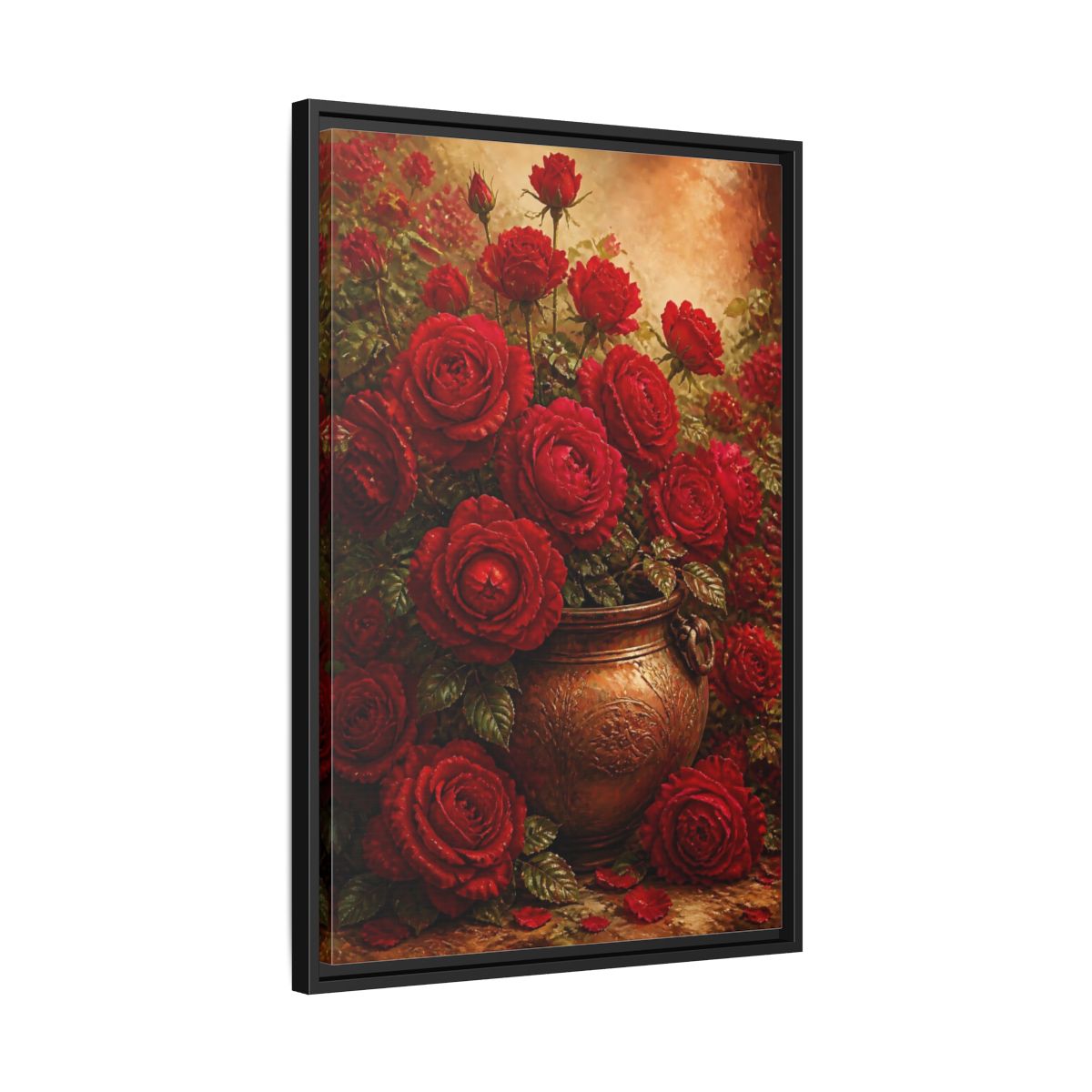 Side Mockup 14. Crimson Rose Bouquet shown as framed canvas print