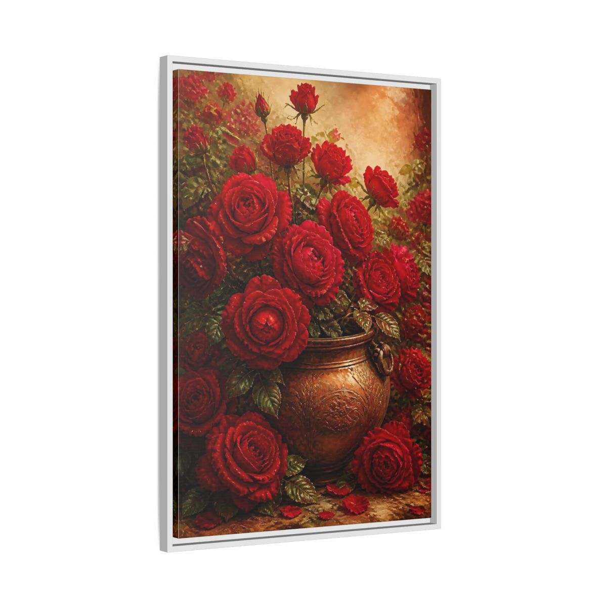 Side Mockup 9. Crimson Rose Bouquet shown as framed canvas print