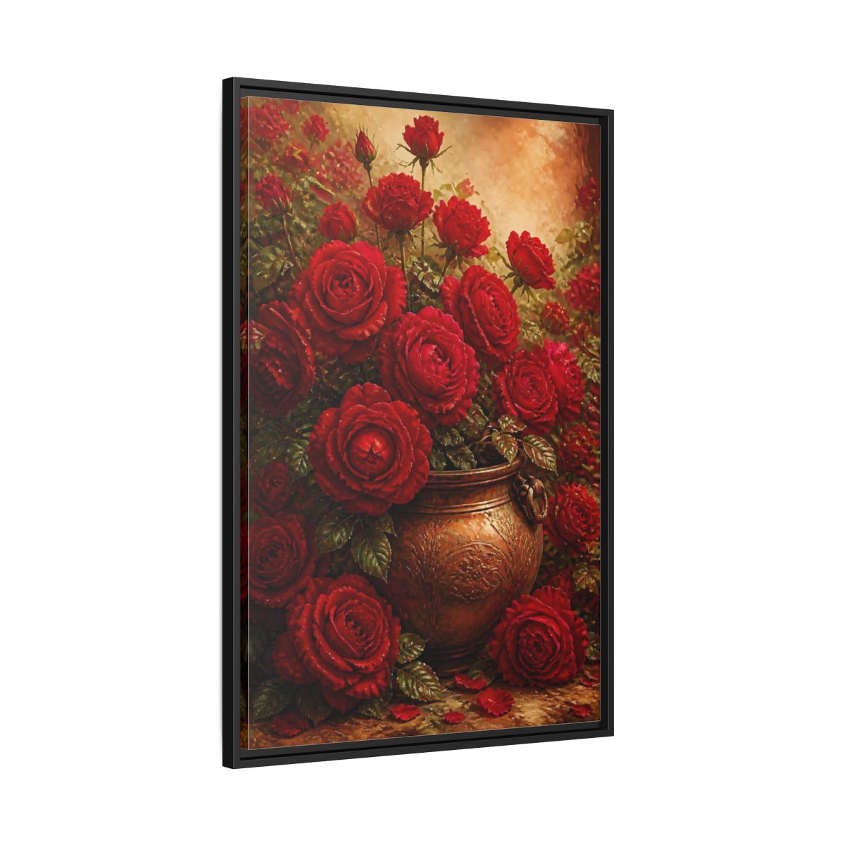 Side Mockup 13. Crimson Rose Bouquet shown as framed canvas print