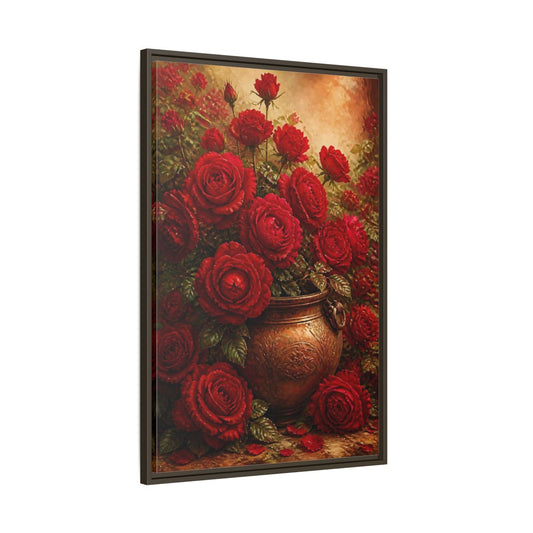 Main Mockup. Crimson Rose Bouquet shown as framed canvas print