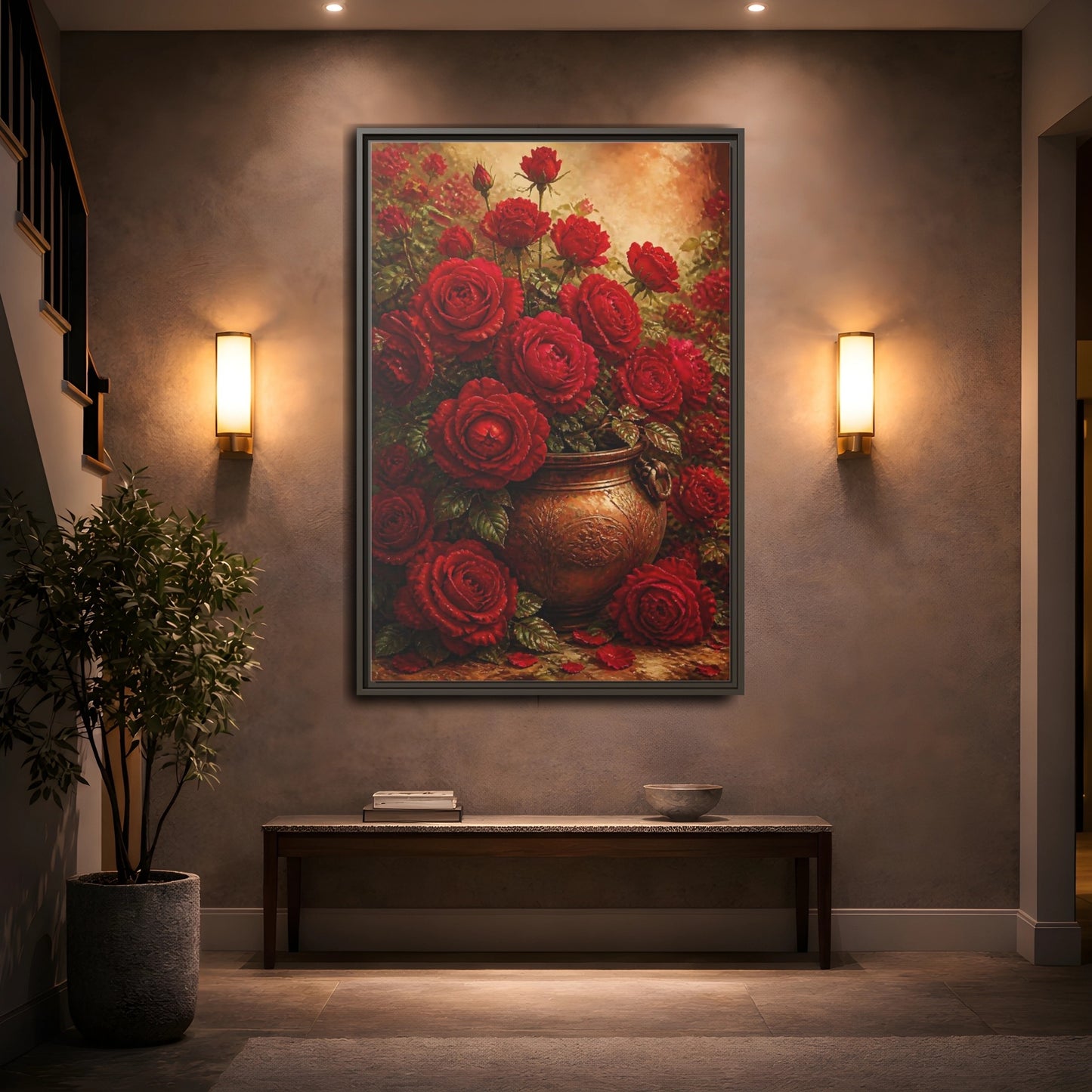 Mockup 2. Crimson Rose Bouquet shown as framed canvas print