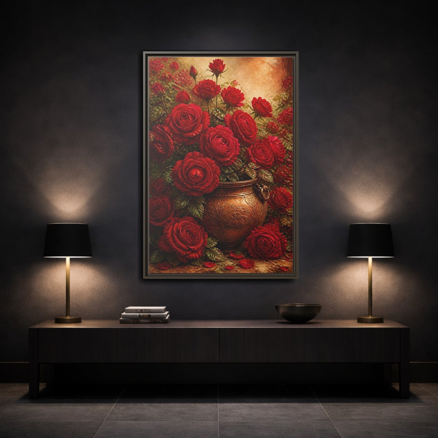 Mockup 3. Crimson Rose Bouquet shown as framed canvas print