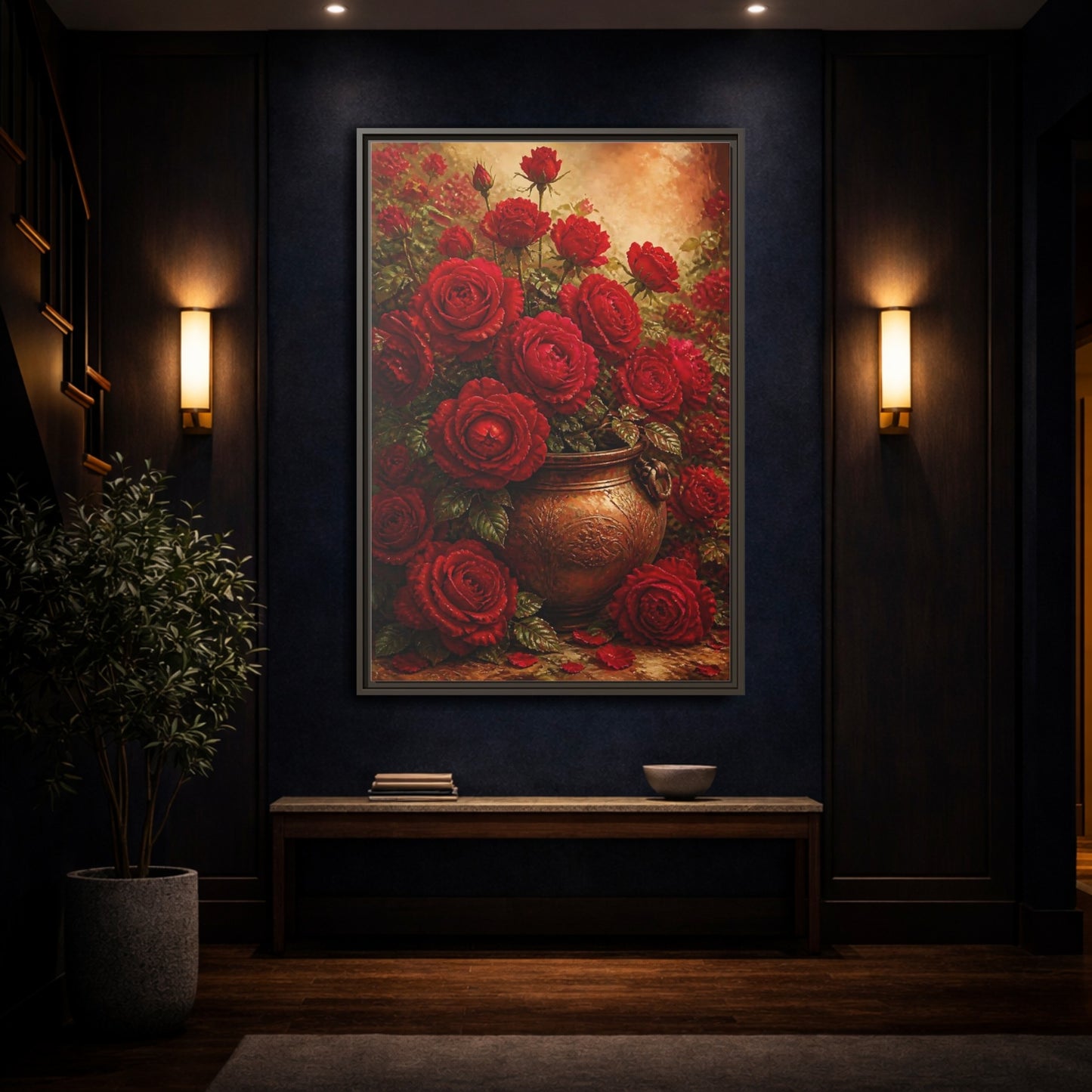 Mockup 4. Crimson Rose Bouquet shown as framed canvas print
