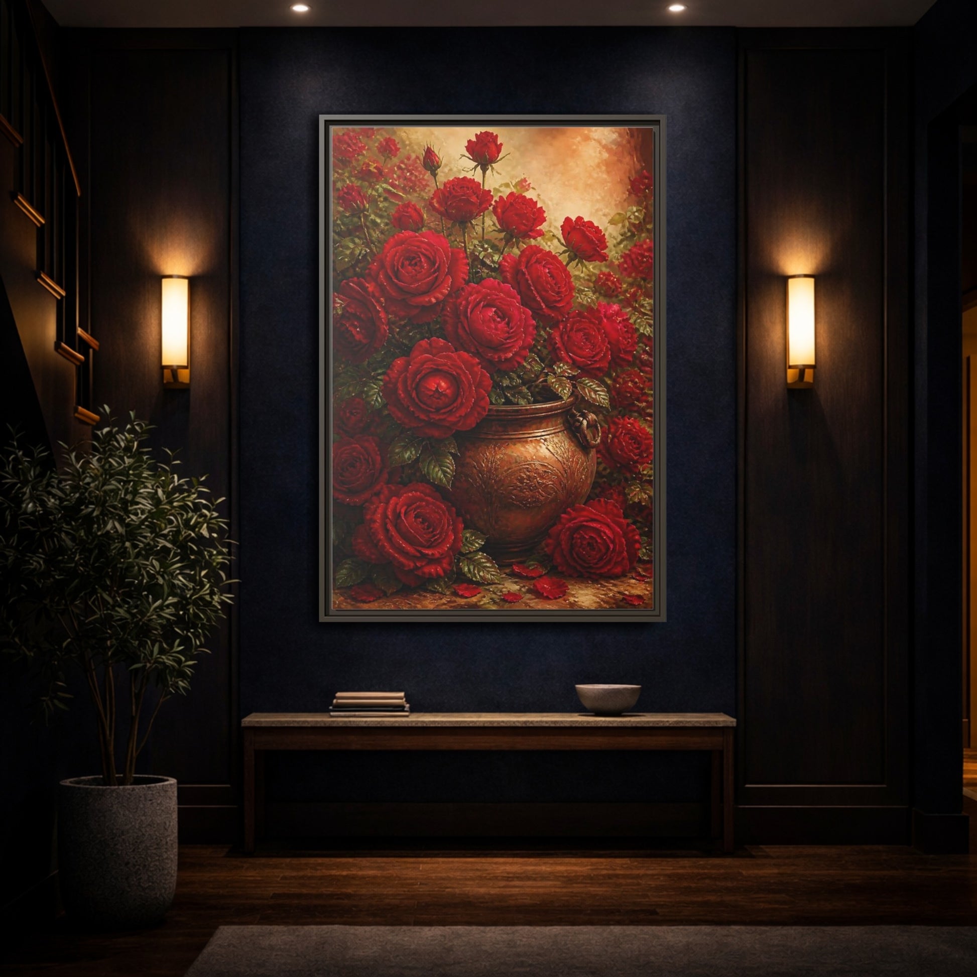 Mockup 4. Crimson Rose Bouquet shown as framed canvas print