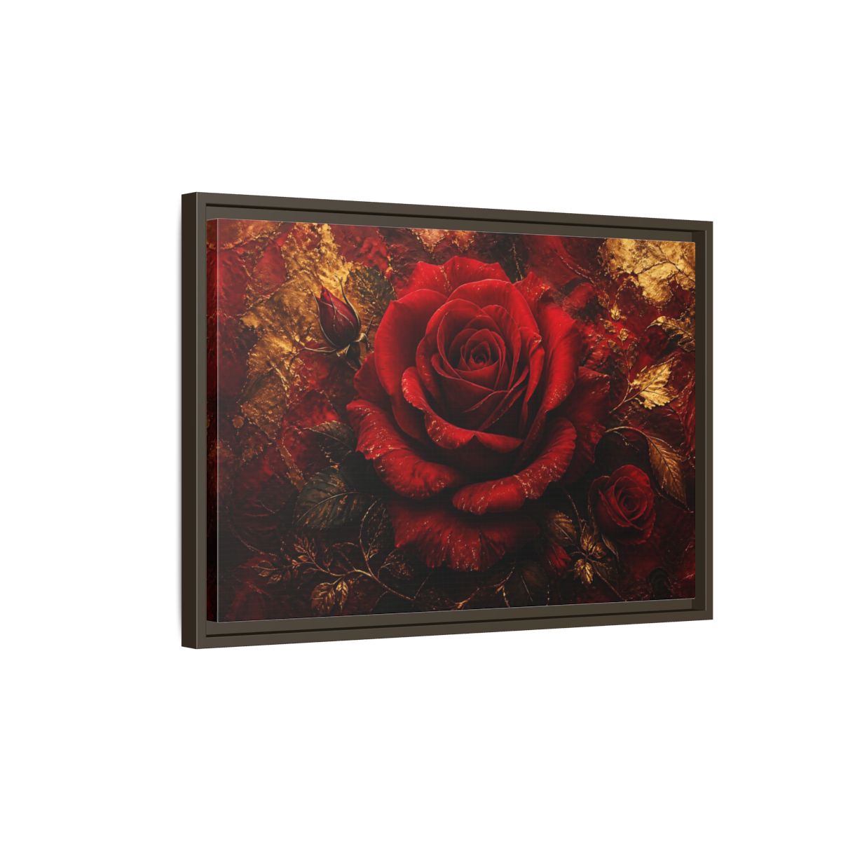 Side Mockup 2. Crimson Rose In Gold shown as framed canvas print