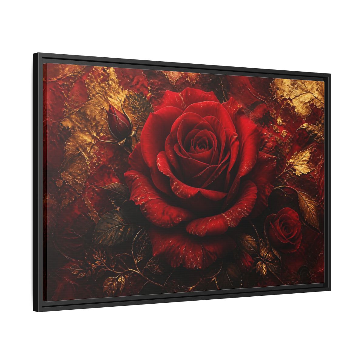 Side Mockup 13. Crimson Rose In Gold shown as framed canvas print