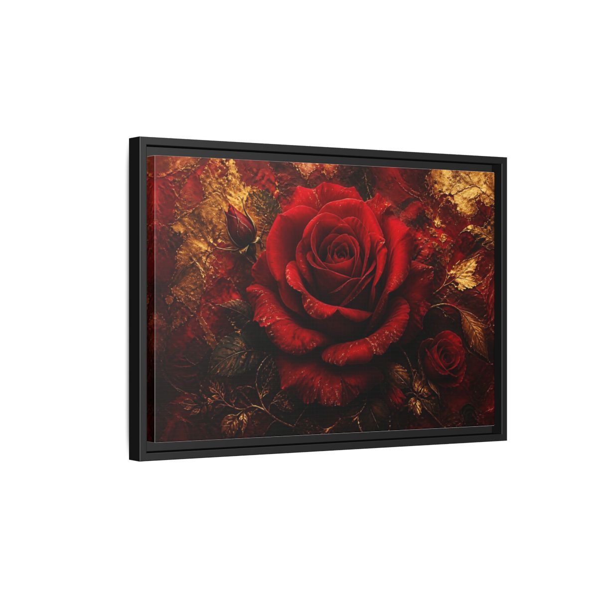 Side Mockup 3. Crimson Rose In Gold shown as framed canvas print