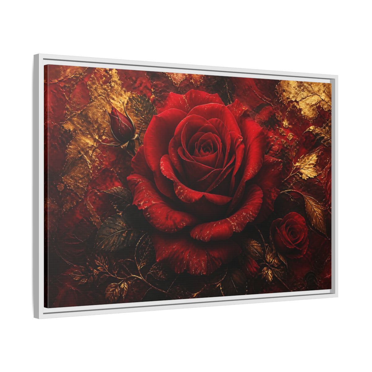 Side Mockup 9. Crimson Rose In Gold shown as framed canvas print