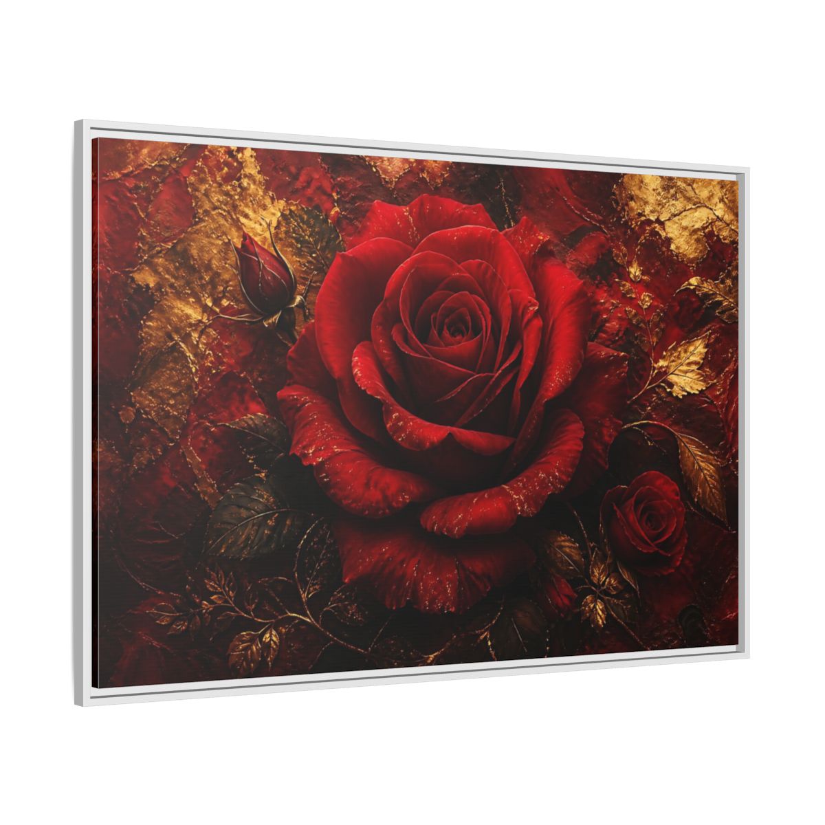 Side Mockup 7. Crimson Rose In Gold shown as framed canvas print