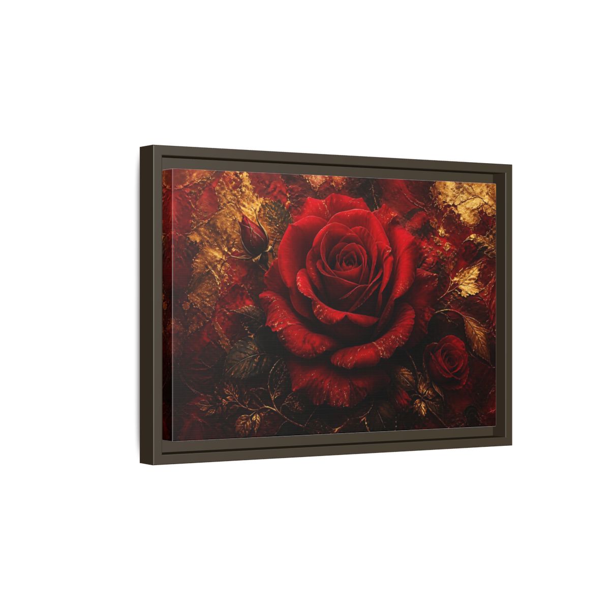 Side Mockup 5. Crimson Rose In Gold shown as framed canvas print