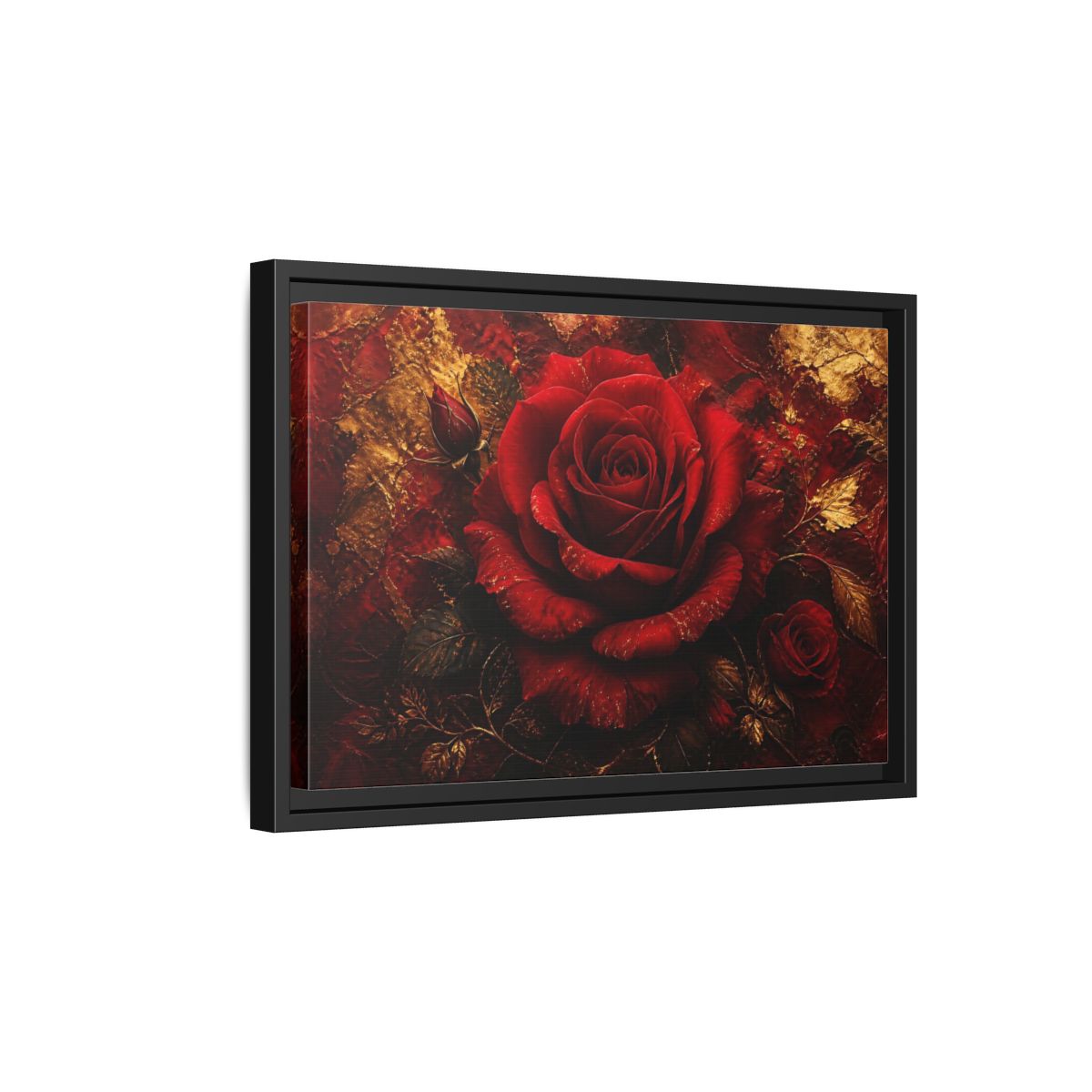 Side Mockup 6. Crimson Rose In Gold shown as framed canvas print
