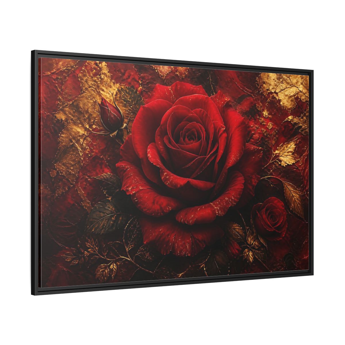 Side Mockup 12. Crimson Rose In Gold shown as framed canvas print