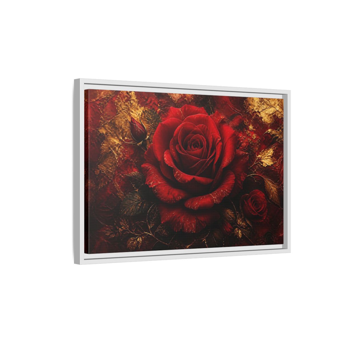 Side Mockup 1. Crimson Rose In Gold shown as framed canvas print