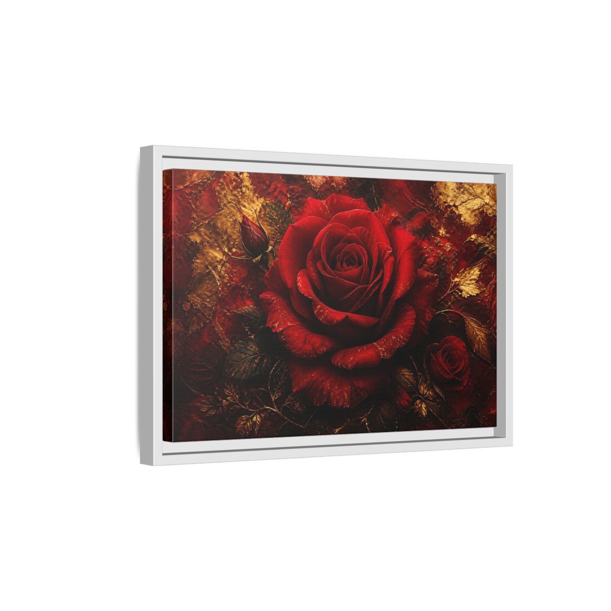 Side Mockup 4. Crimson Rose In Gold shown as framed canvas print
