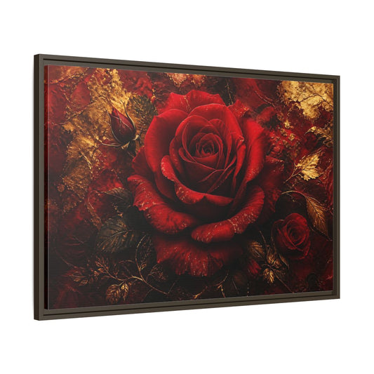 Main Mockup. Crimson Rose In Gold shown as framed canvas print