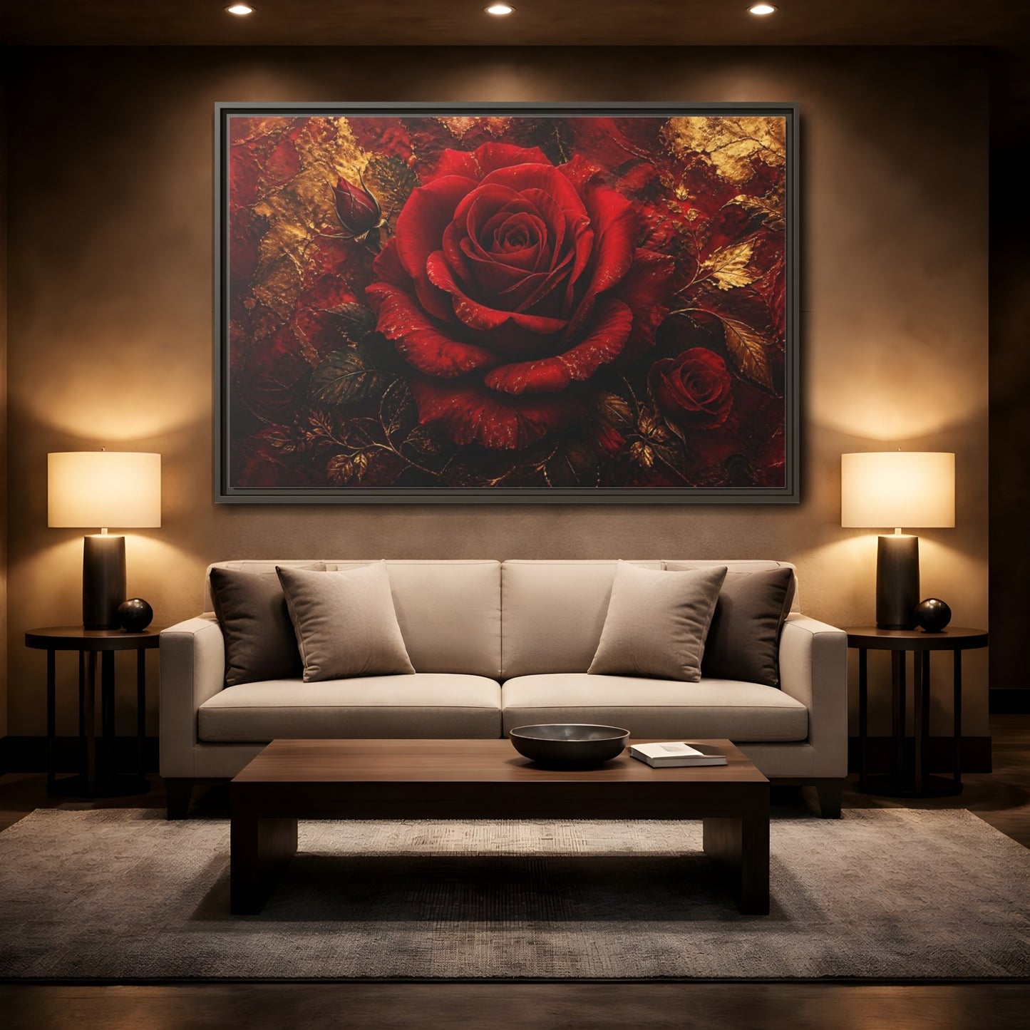 Mockup 2. Crimson Rose In Gold shown as framed canvas print