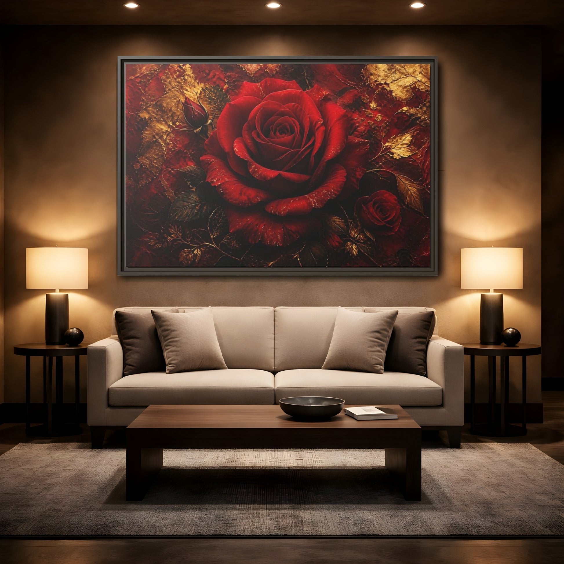 Mockup 2. Crimson Rose In Gold shown as framed canvas print