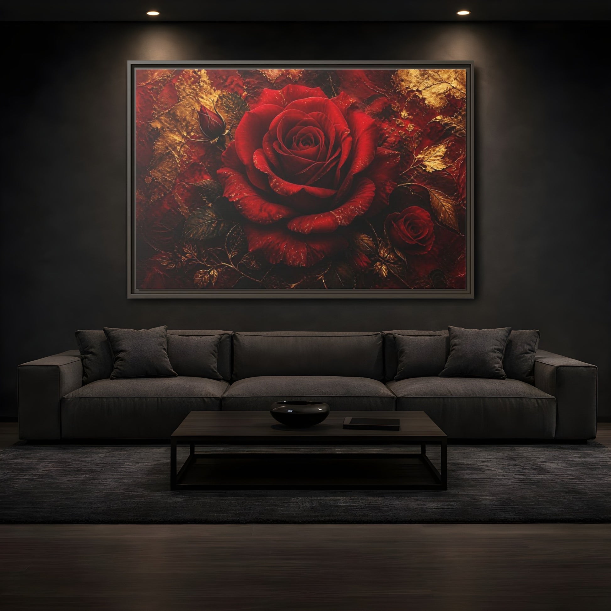Mockup 3. Crimson Rose In Gold shown as framed canvas print
