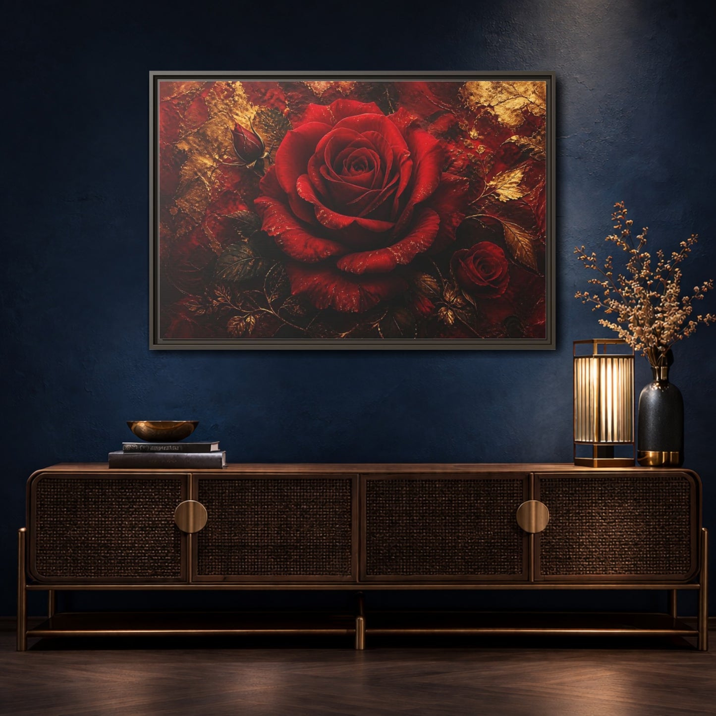 Mockup 4. Crimson Rose In Gold shown as framed canvas print