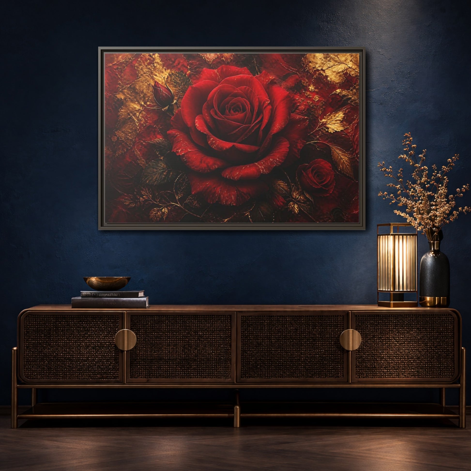 Mockup 4. Crimson Rose In Gold shown as framed canvas print