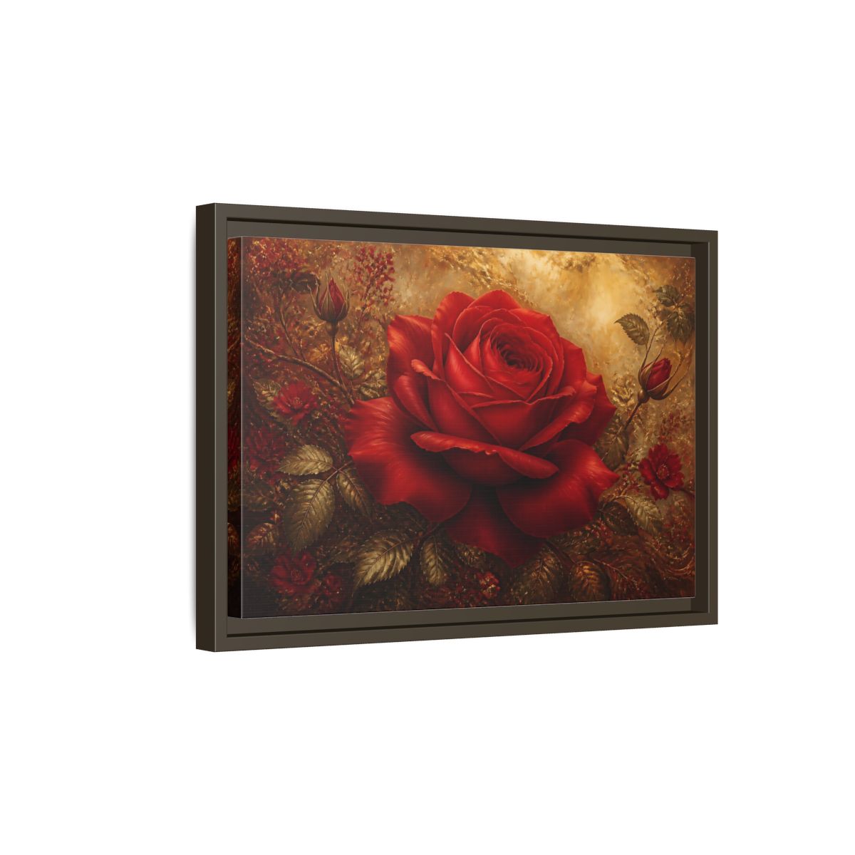 Side Mockup 5. Crimson Rose On Gold shown as framed canvas print