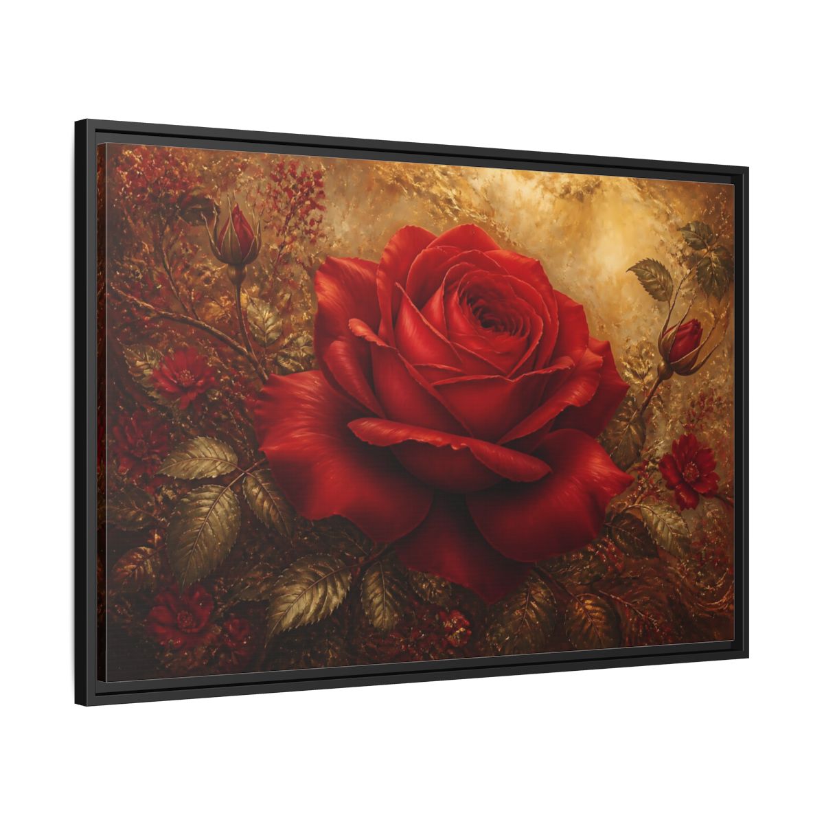 Side Mockup 13. Crimson Rose On Gold shown as framed canvas print