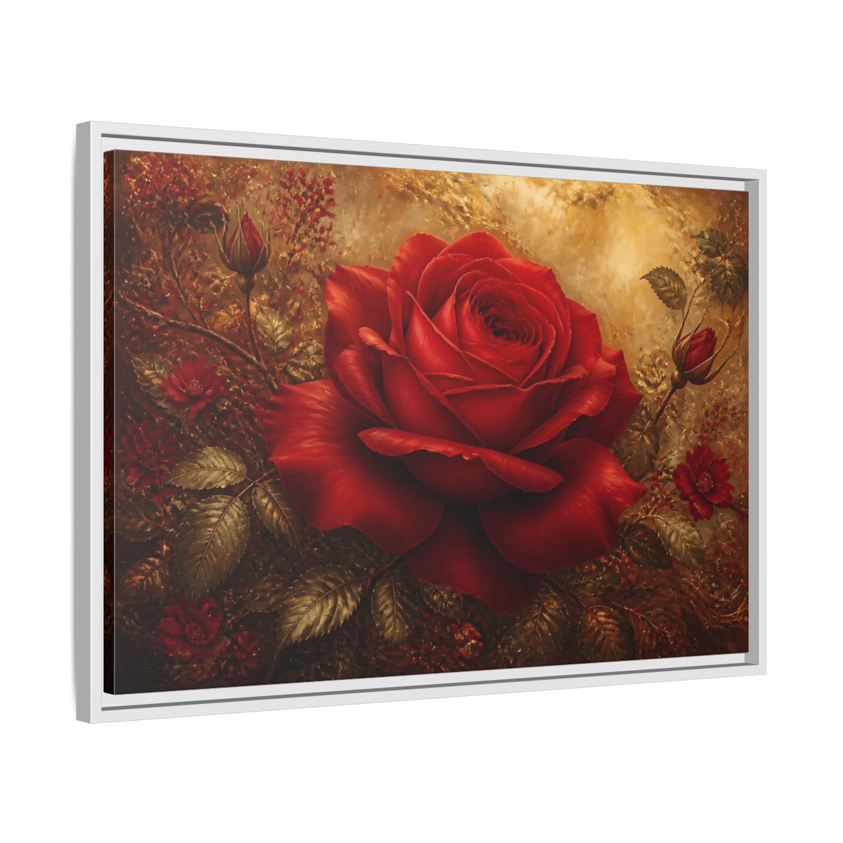 Side Mockup 10. Crimson Rose On Gold shown as framed canvas print
