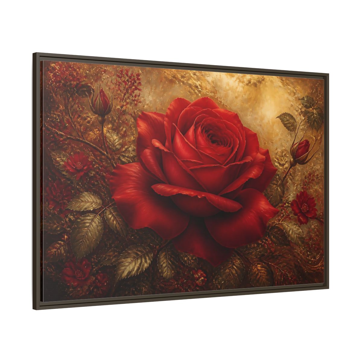 Side Mockup 8. Crimson Rose On Gold shown as framed canvas print