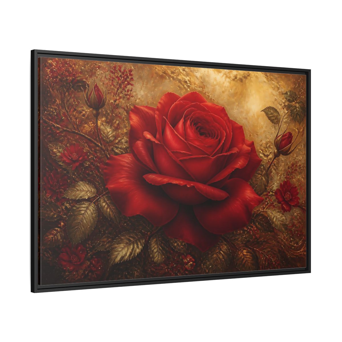 Side Mockup 12. Crimson Rose On Gold shown as framed canvas print