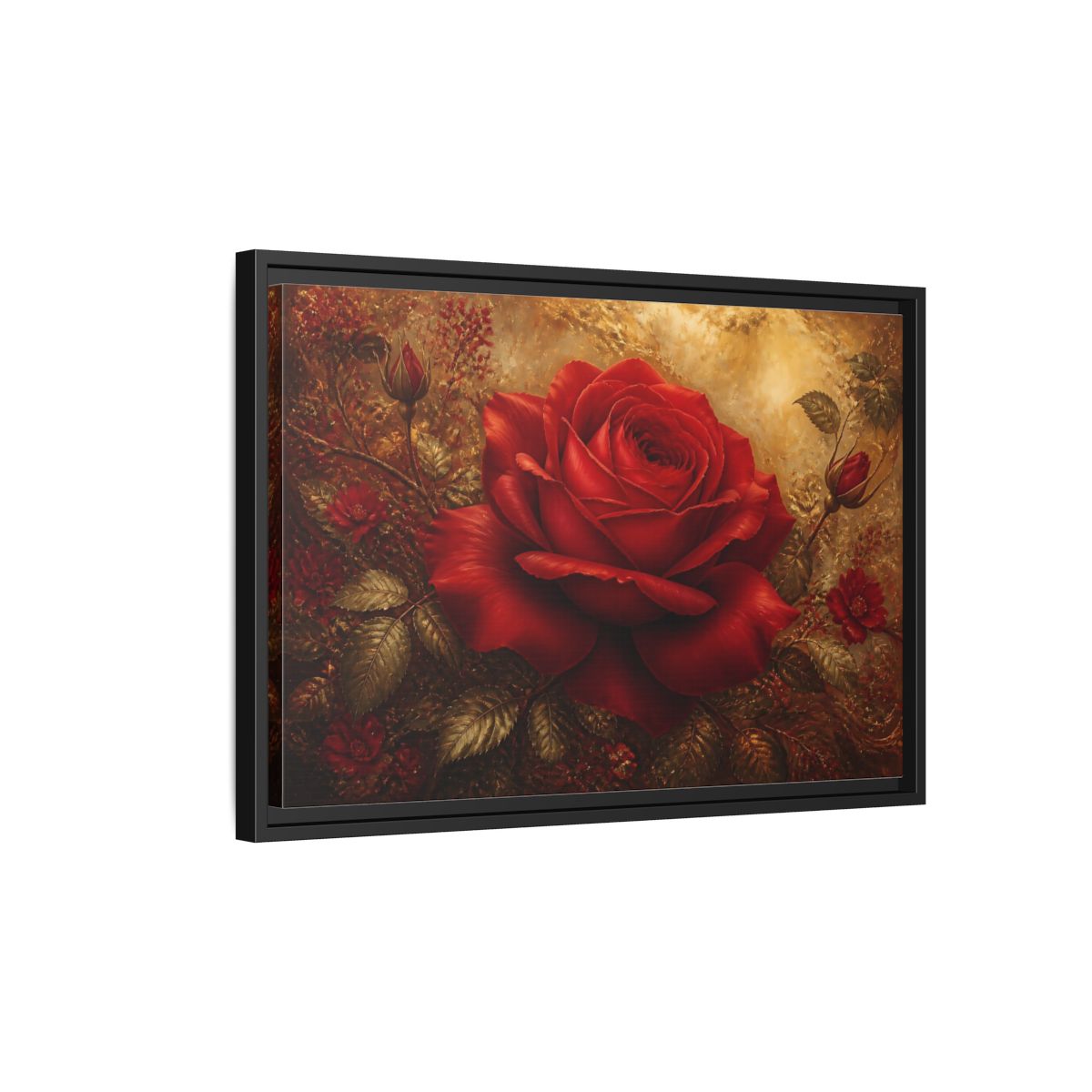 Side Mockup 3. Crimson Rose On Gold shown as framed canvas print
