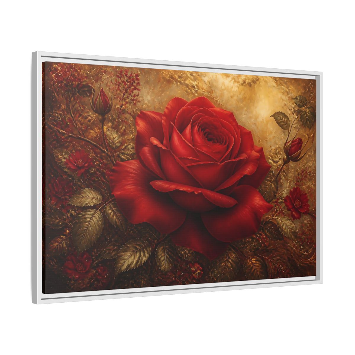 Side Mockup 9. Crimson Rose On Gold shown as framed canvas print