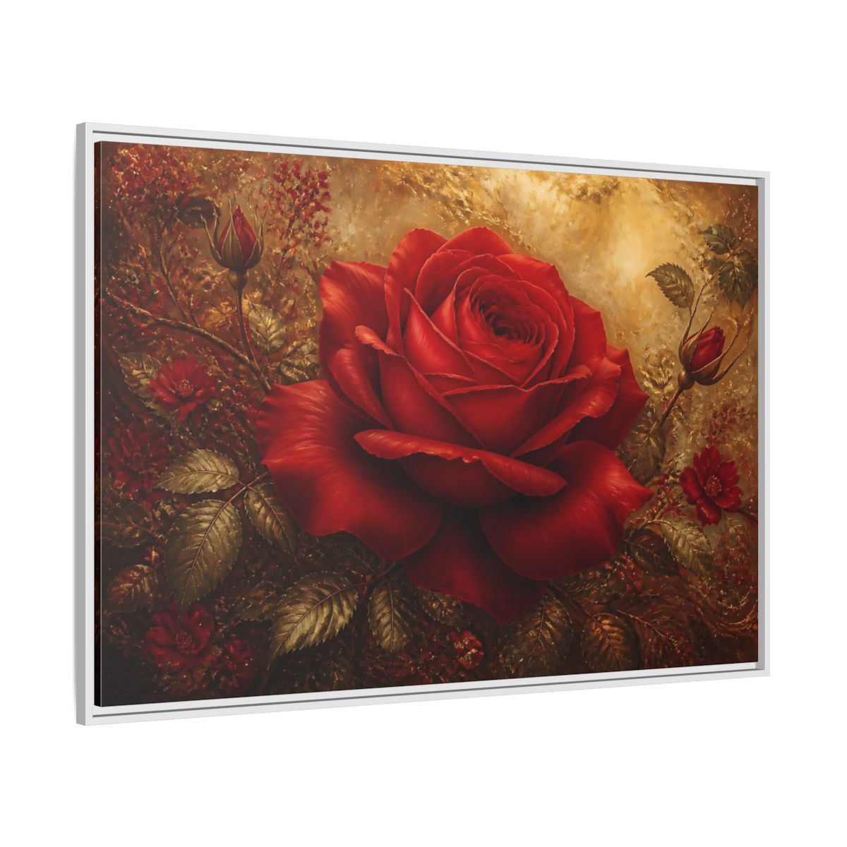 Side Mockup 7. Crimson Rose On Gold shown as framed canvas print