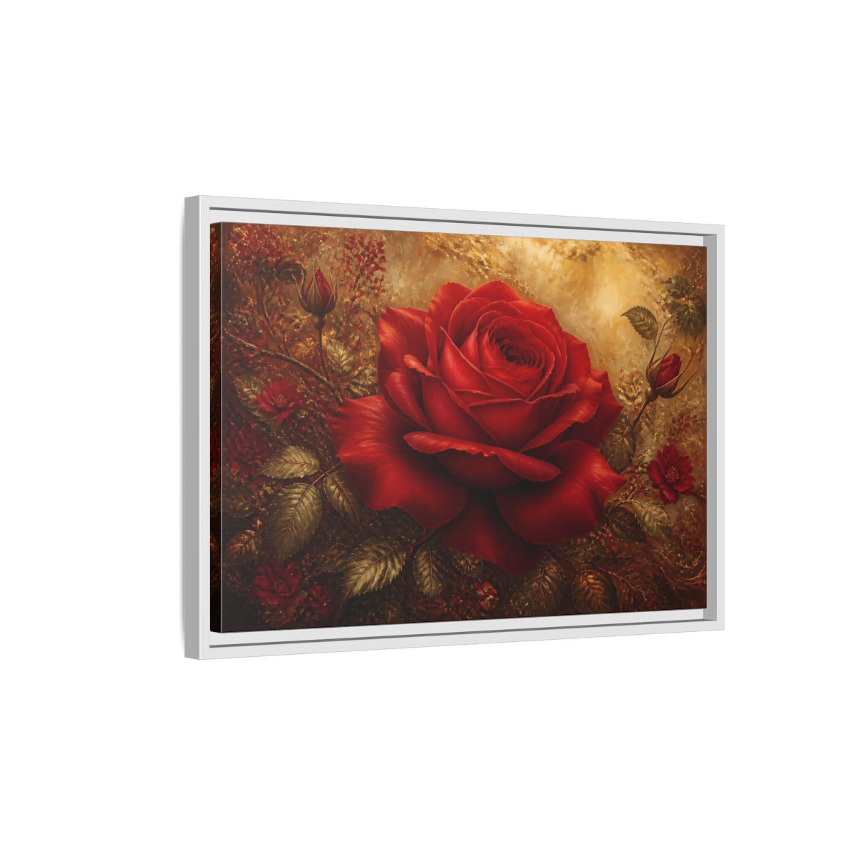 Side Mockup 1. Crimson Rose On Gold shown as framed canvas print