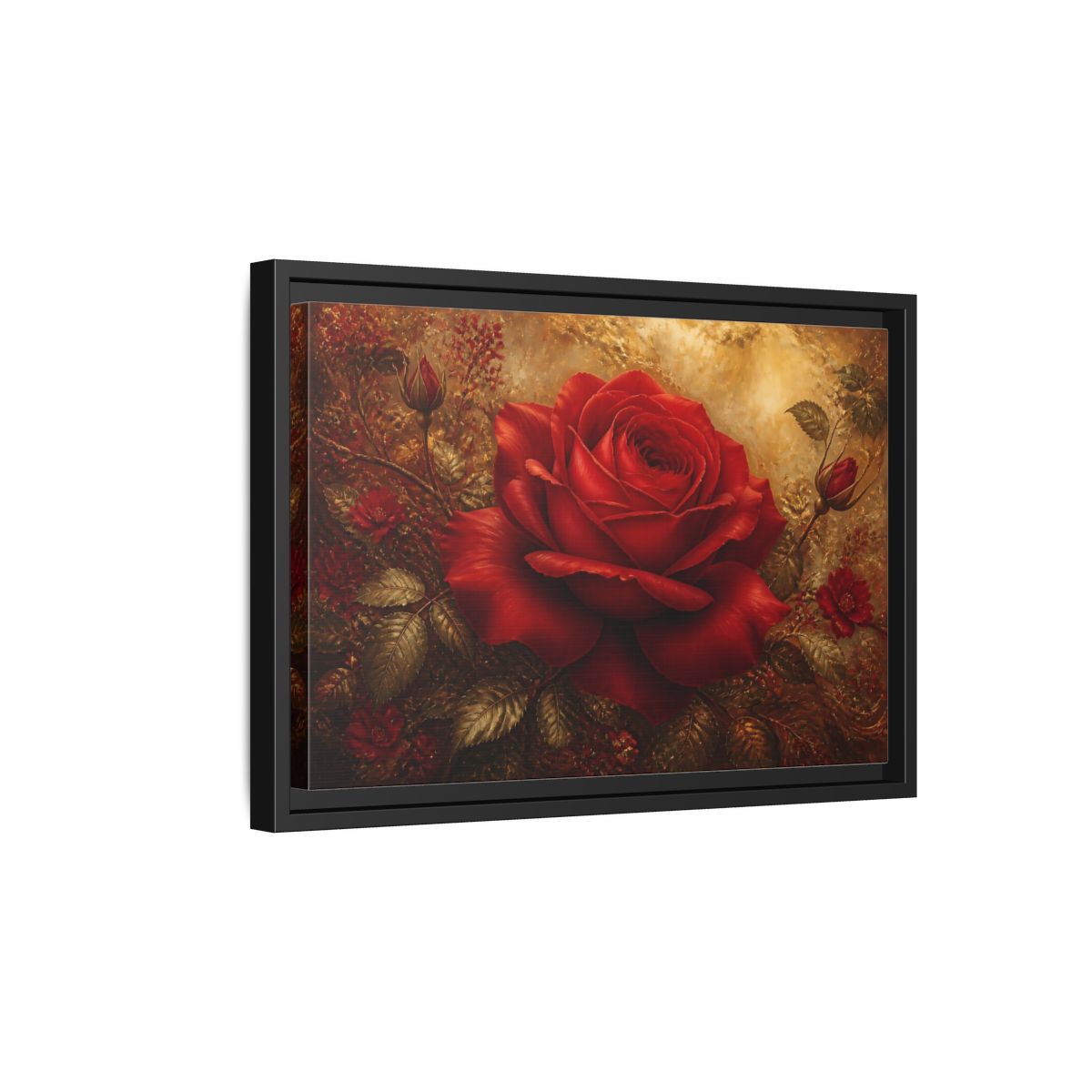 Side Mockup 6. Crimson Rose On Gold shown as framed canvas print