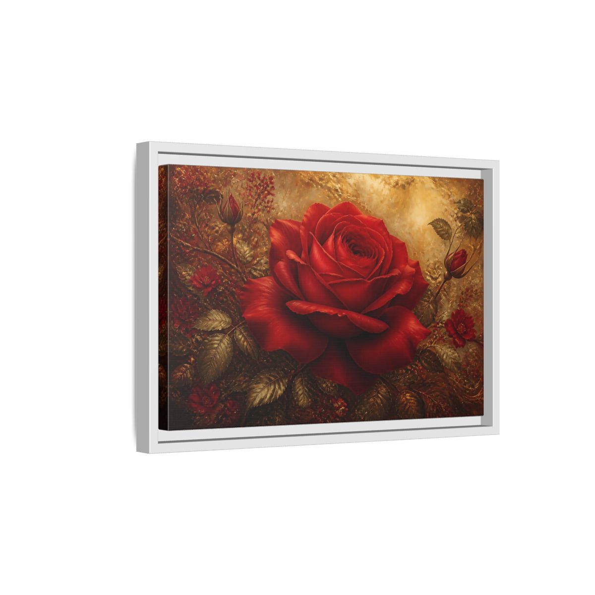 Side Mockup 4. Crimson Rose On Gold shown as framed canvas print