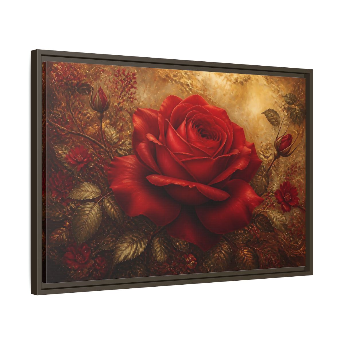 Side Mockup 11. Crimson Rose On Gold shown as framed canvas print