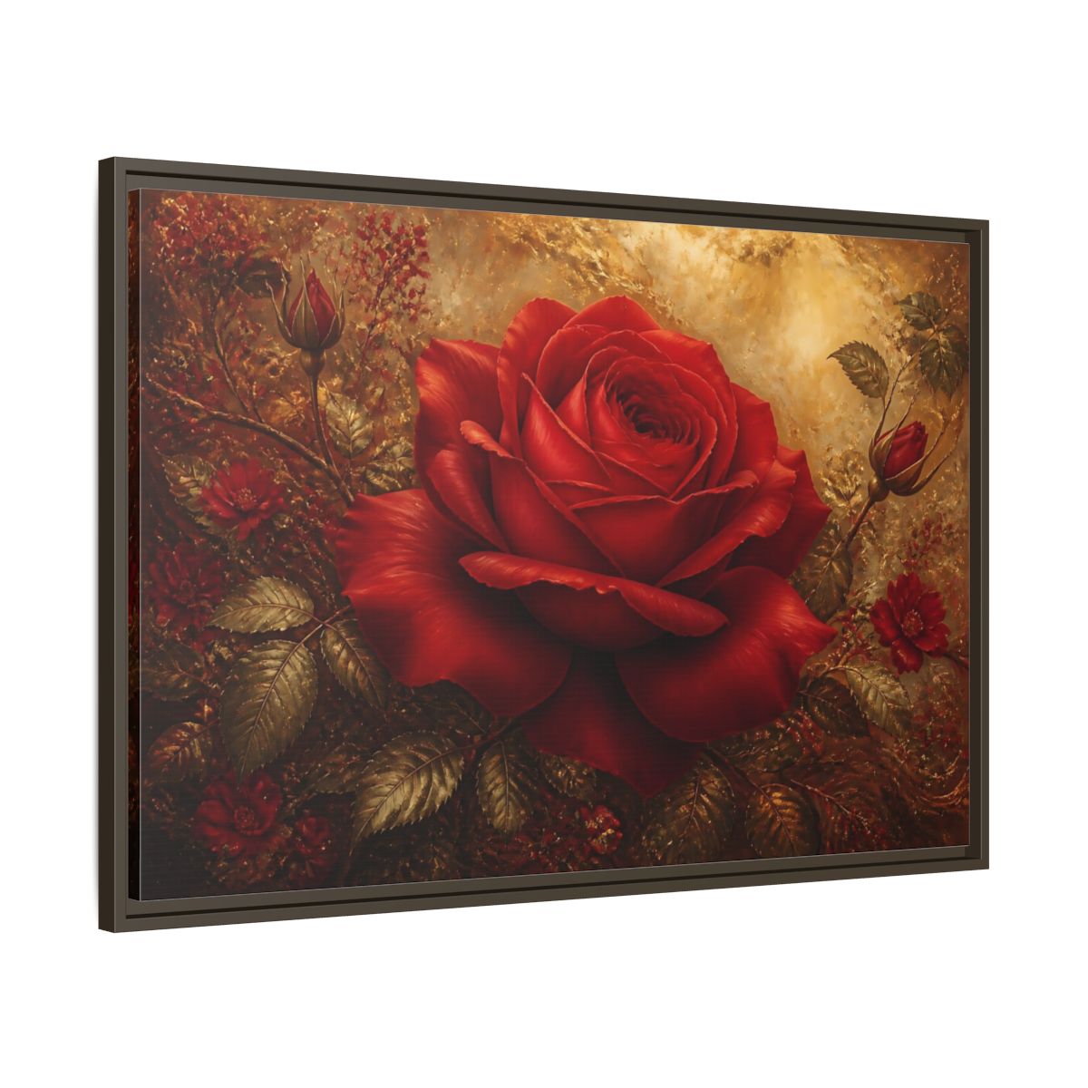 Main Mockup. Crimson Rose On Gold shown as framed canvas print