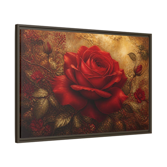 Main Mockup. Crimson Rose On Gold shown as framed canvas print