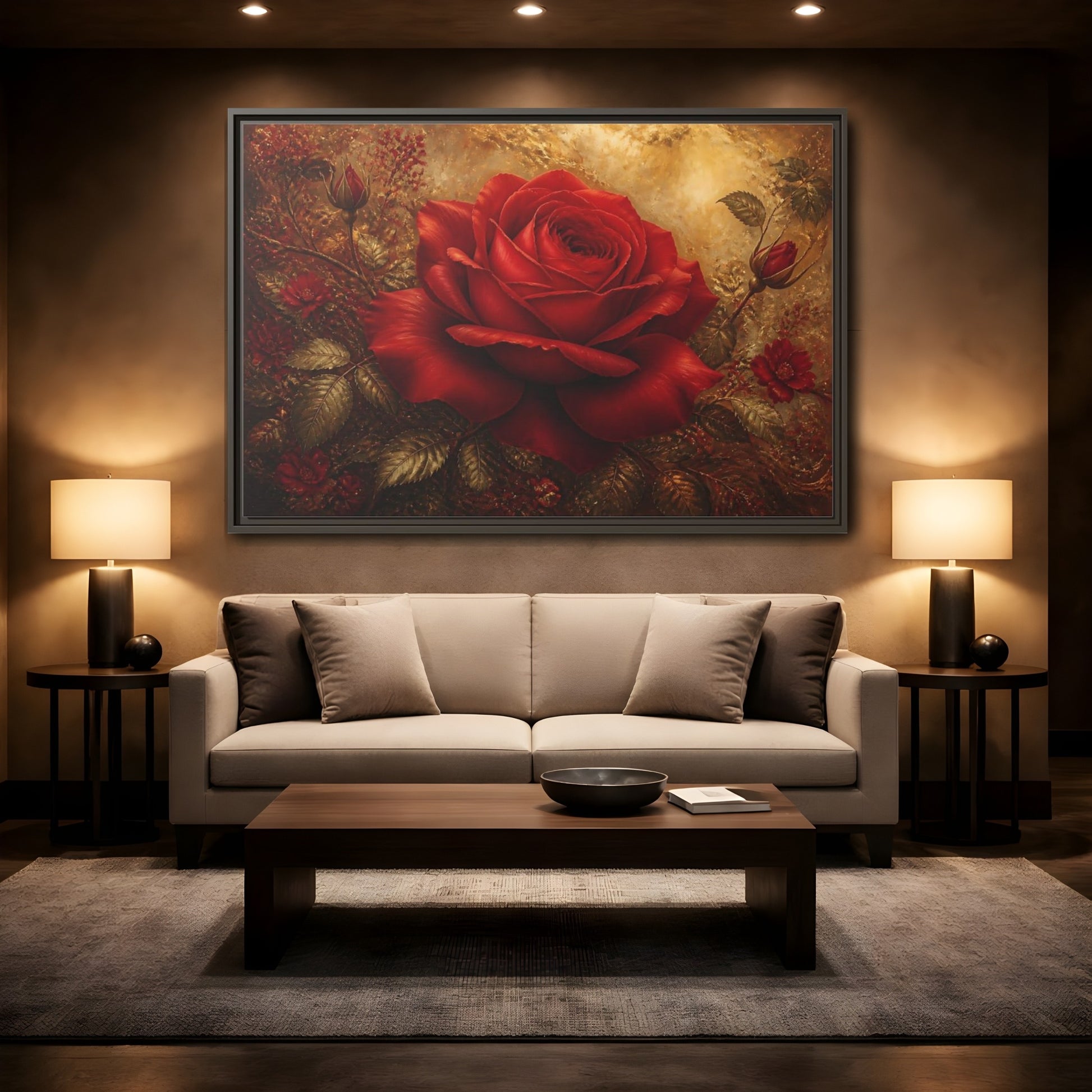 Mockup 2. Crimson Rose On Gold shown as framed canvas print