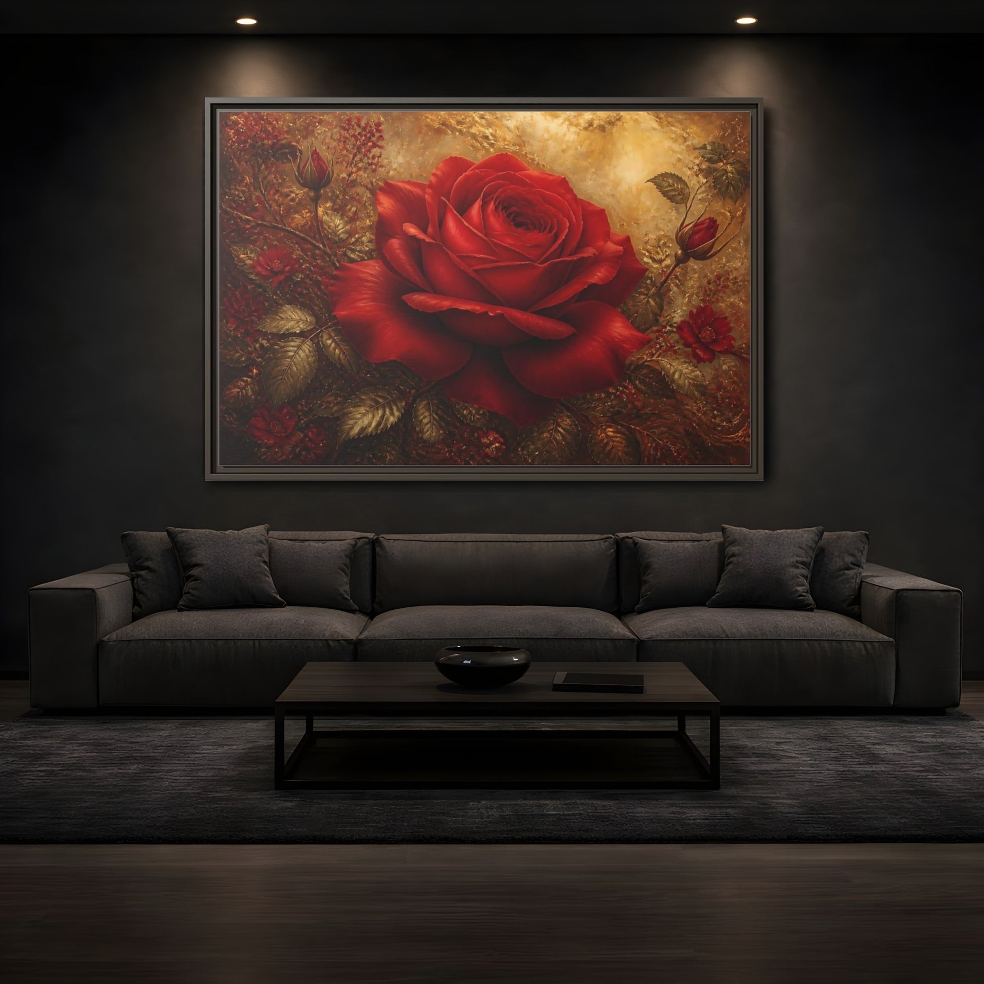 Mockup 3. Crimson Rose On Gold shown as framed canvas print