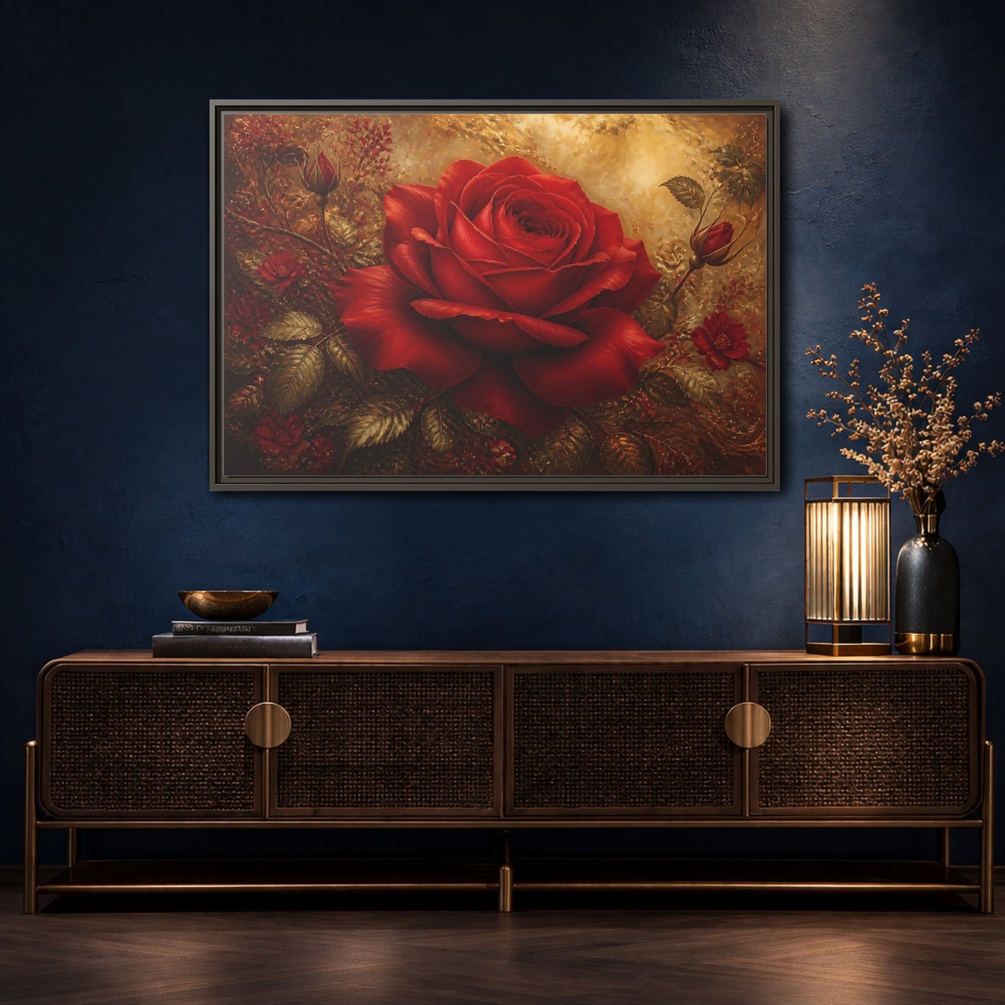 Mockup 4. Crimson Rose On Gold shown as framed canvas print