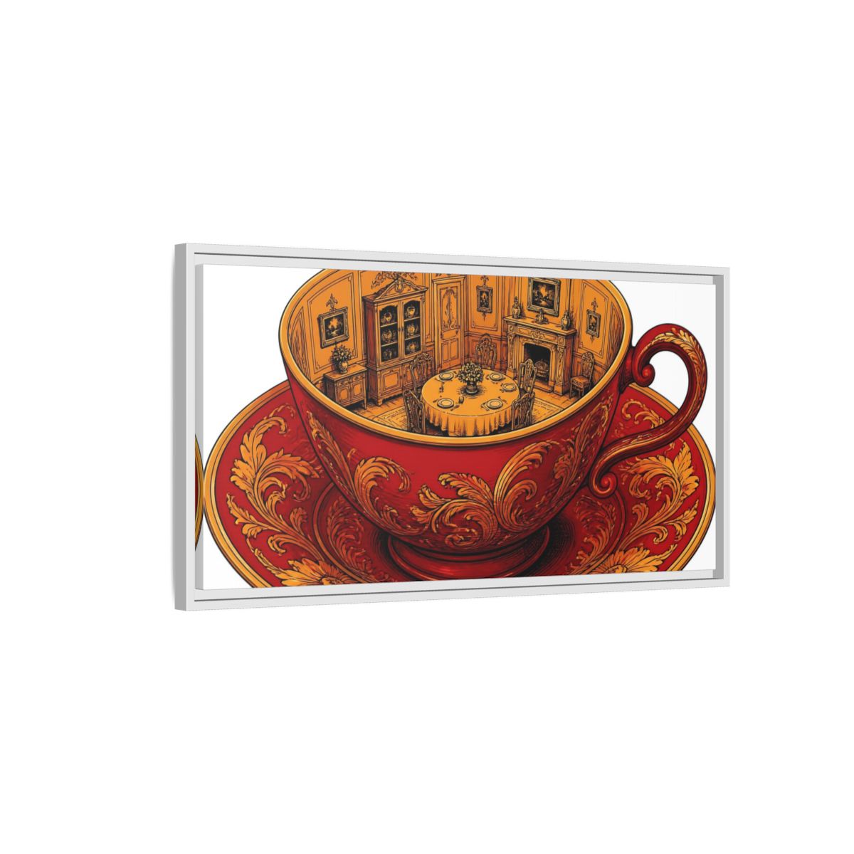 Side Mockup 1. Crimson Teacup Illusion shown as framed canvas print